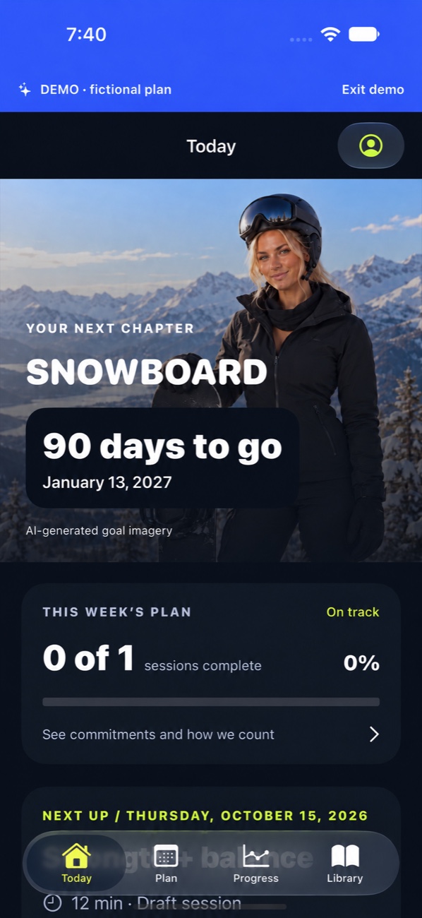 Development preview of Goalden’s Today screen in fictional Snowboard demo mode, with corrected AI-generated helmet artwork, a sample countdown and weekly progress